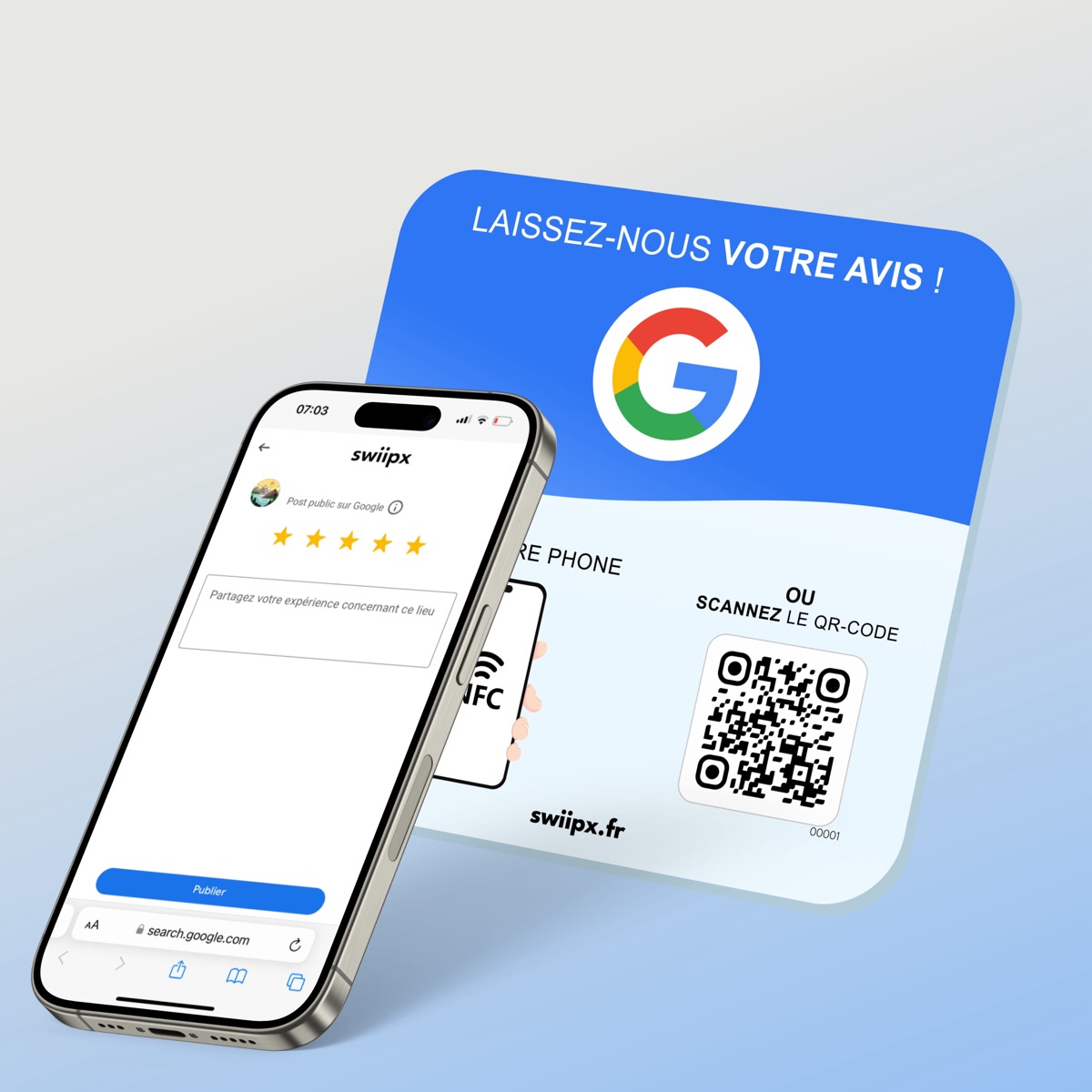 Plaque Swiipx et téléphone affichant le formulaire d'avis Google, prêt à être publié
